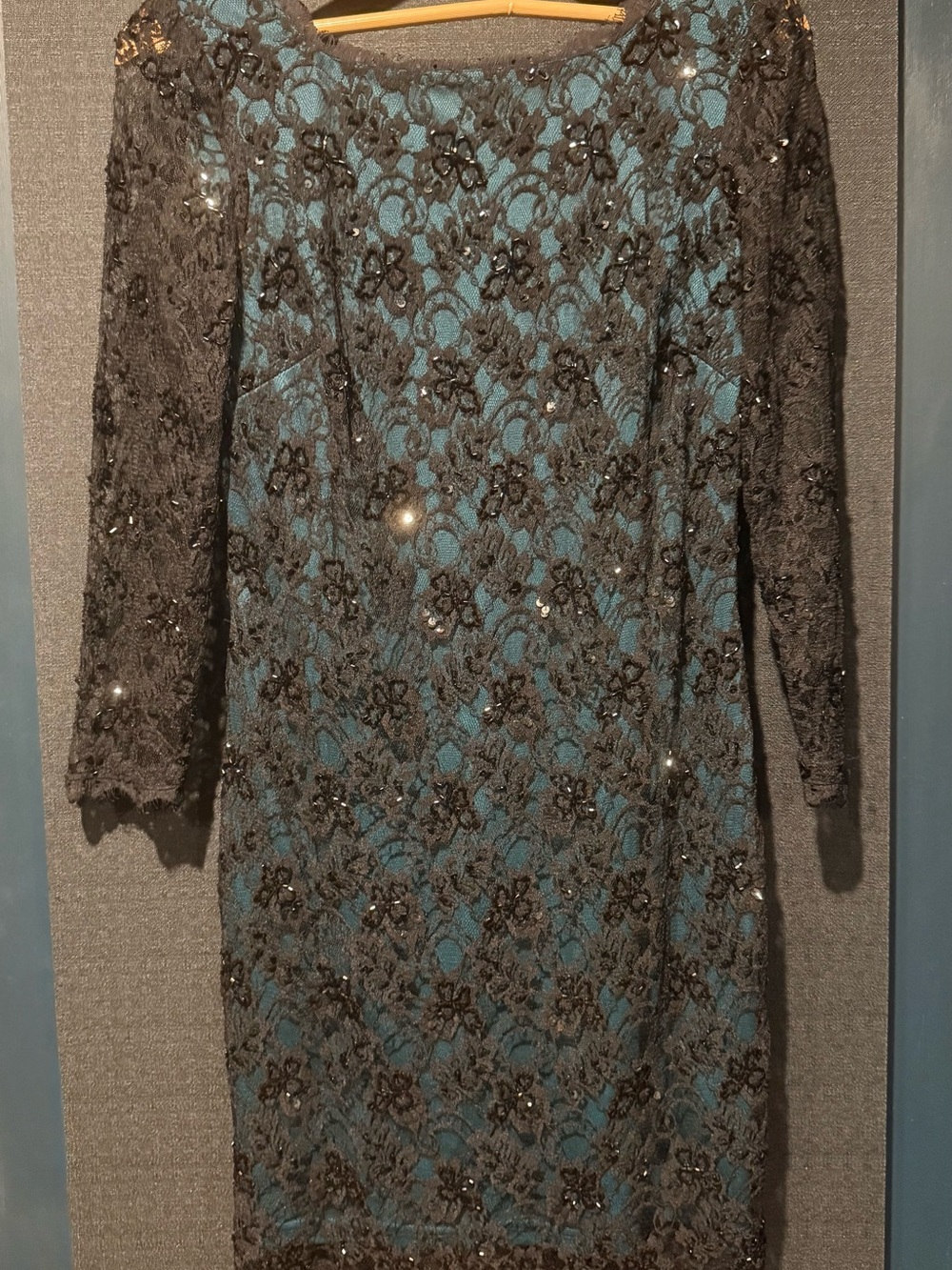 Adrianna Papell Teal and Black Lace Long Sleeve Sheath Dress